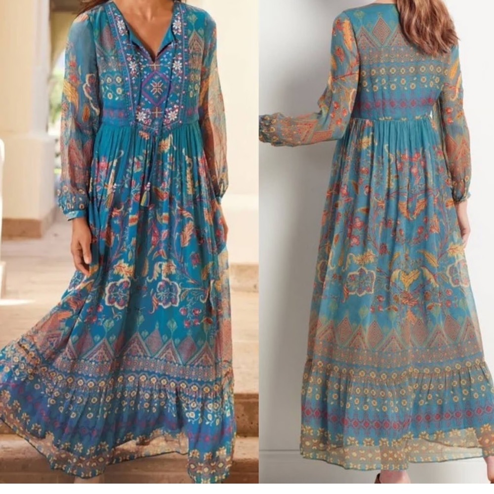Soft Surroundings Blue Embroidered Boho Mirapani Midi Dress an L Floral Tassels